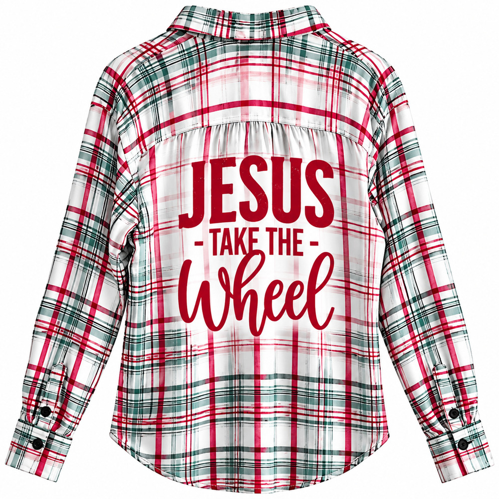 Jesus Take The Wheel Repurposed Christian Theme Plaid Shirt, XL